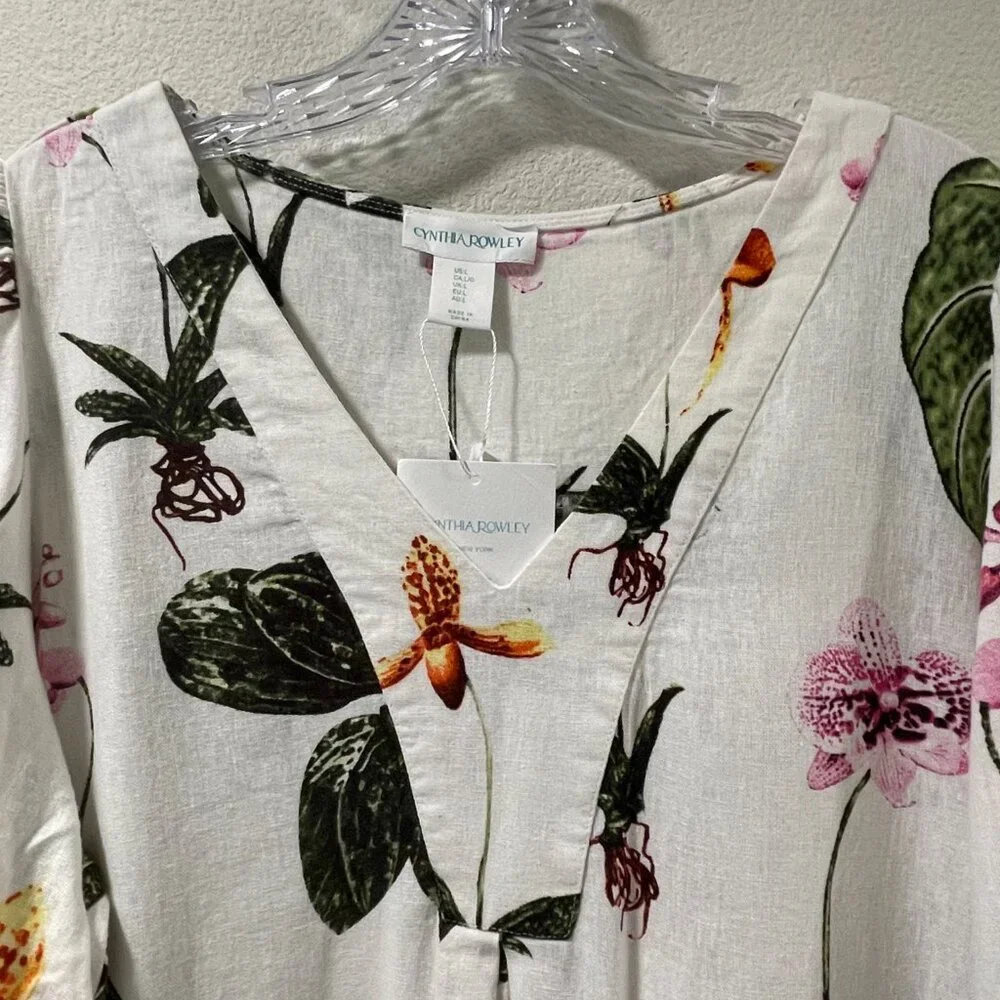 CYNTHIA ROWLEY NWT "Botanical" Sht Sleeve Linen Blend Mini Dress, Ivory/Multi L - Picture 8 of 12